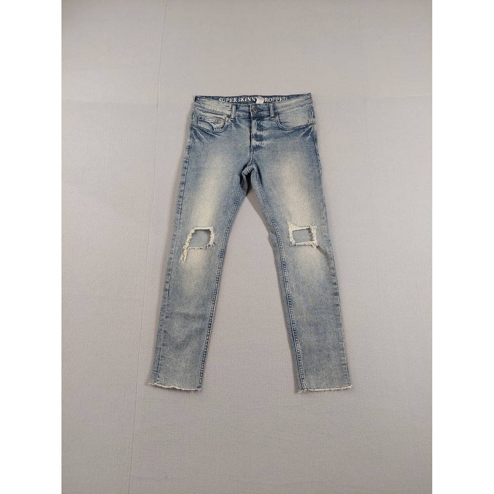 H&M Men Jean 32 Light Wash Denim‎ Skinny Cropped Low Rise Distressed Ripped Wear